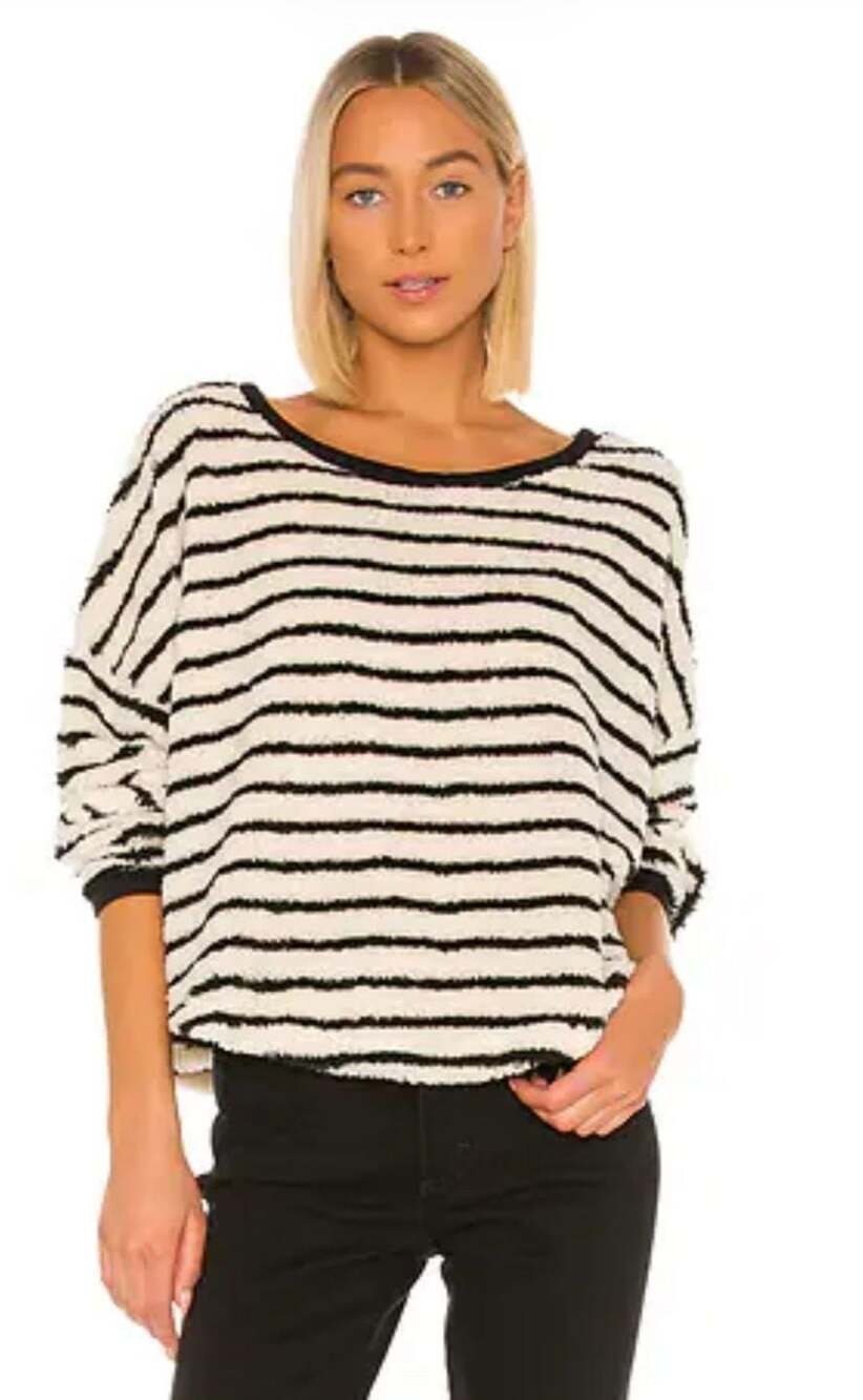 Free People Breton Stripe Pullover Teddy Black and White Sherpa Sweater Size M
